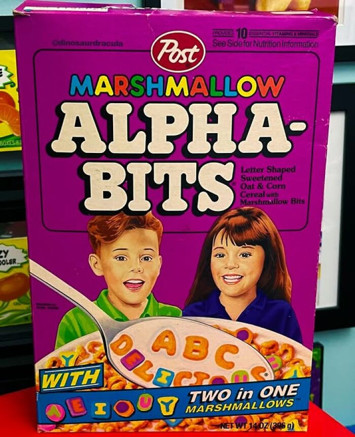 Post Marshmallow Alpha-Bits cereal box with colorful letters and happy children, a beloved discontinued food item.
