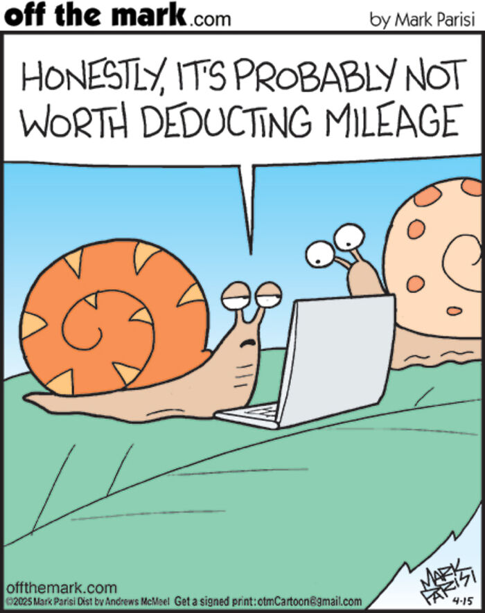 Off The Mark comic showing two snails by laptop discussing mileage deduction, humorous internet comic by Mark Parisi.