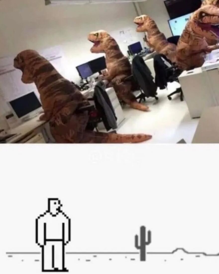 Group of people in dinosaur costumes working at computers with pixel art of a person and cactus below, bizarre pics.