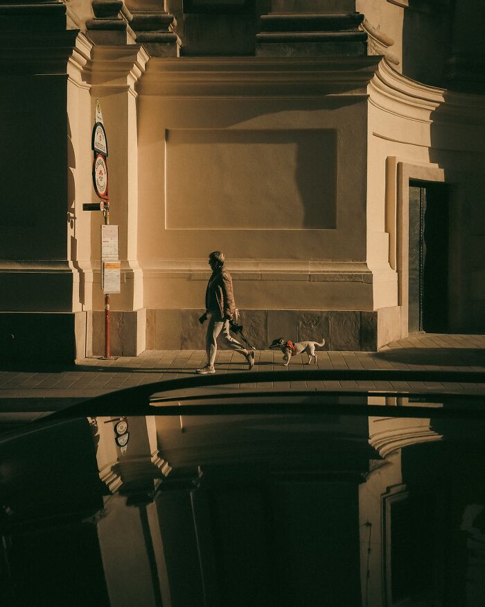 Person walking dog on urban street with dramatic shadows, an urban photo by Helsinki-based photographer.