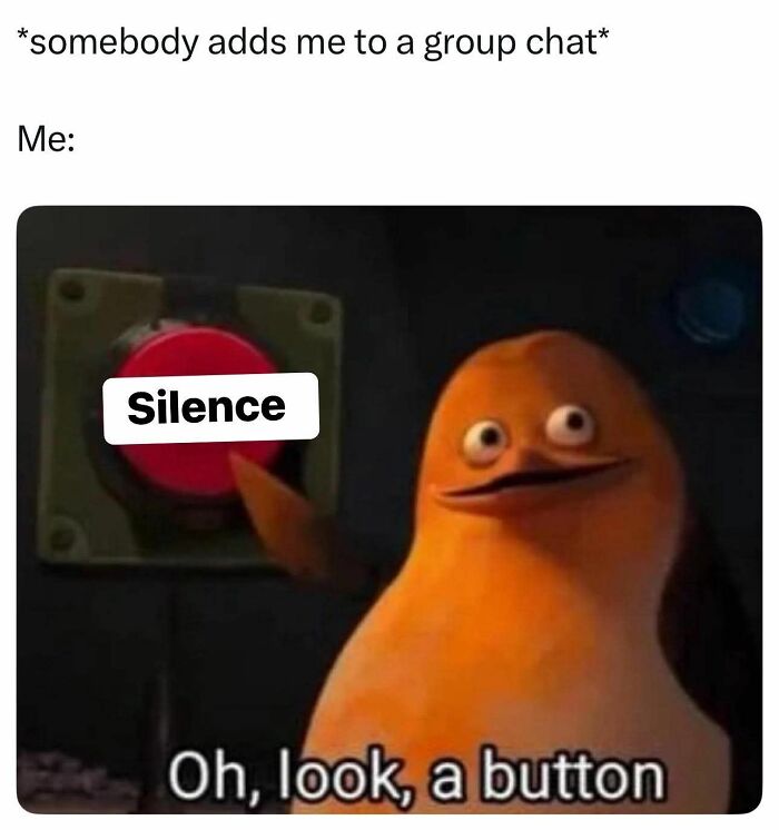 Funny meme showing an orange character pressing a silence button in a group chat, perfect for decompressing stress.