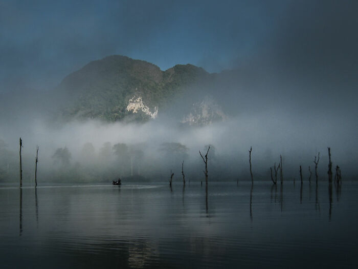 Foggy lake with silhouettes of bare trees and mountains in the background, a breathtaking travel photo by the Bored Panda community.