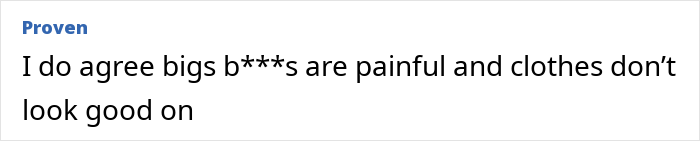 Screenshot of online comment discussing pain and clothing issues related to having a large F-cup chest.