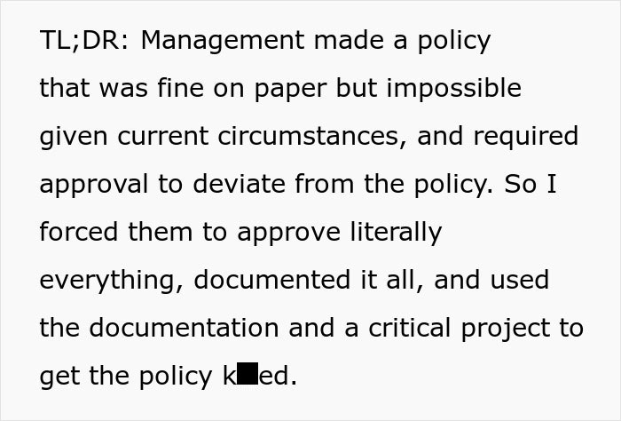 Screenshot of a text explaining an employee follows unworkable deployment rule to the letter, forcing management to rethink policy.