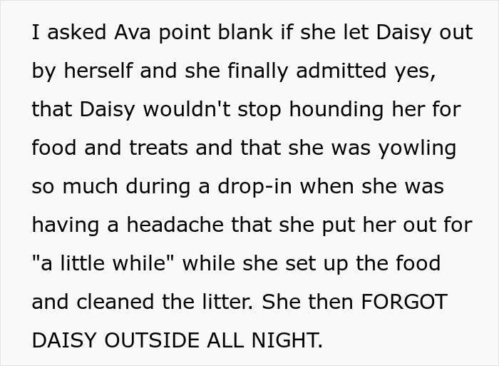 Text excerpt showing a cat-sitter admitting to letting the cat outside and forgetting it all night in a pet care dispute.
