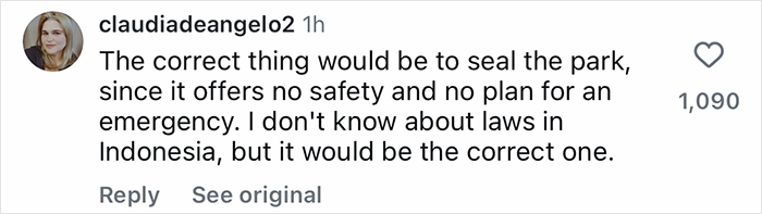 User comment on TikTok discussing the safety concerns of tourists being trapped inside an active volcano.