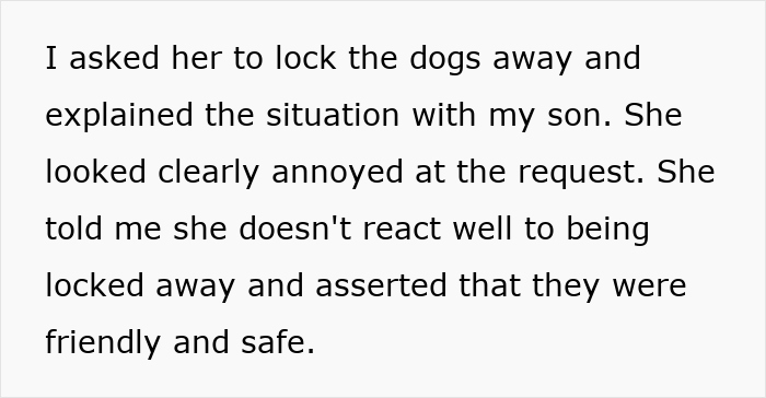 Text showing a mom annoyed when asked to keep the dogs locked away during her kid&rsquo;s birthday for safety reasons.