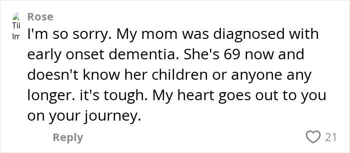 Comment expressing sympathy for a single mom with early-onset Alzheimer's facing memory loss and a difficult journey.