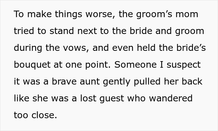 Groom&rsquo;s mom wearing a wedding dress disrupts the ceremony by standing next to bride and groom during vows.