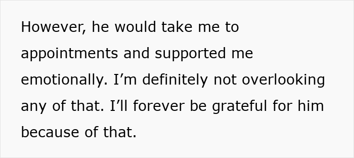 Text excerpt showing gratitude for emotional support and help during appointments from a boyfriend attorney swearing moment.