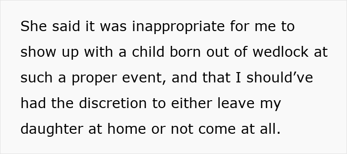 Text discussing a young mom being accused of shaming the bride’s legacy for bringing her illegitimate child to a family wedding. Text discussing a young mom being accused of shaming the bride’s legacy for bringing her illegitimate child to a family wedding.