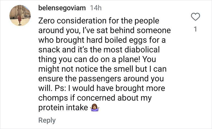 Comment criticizes plane passenger for eating hard boiled eggs on flight, highlighting lack of consideration for others nearby. Comment criticizes plane passenger for eating hard boiled eggs on flight, highlighting lack of consideration for others nearby.