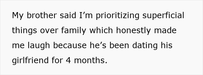 Text excerpt from a post about an entitled brother expecting sister to pay $3,500 for kosher wedding meals for his girlfriend.