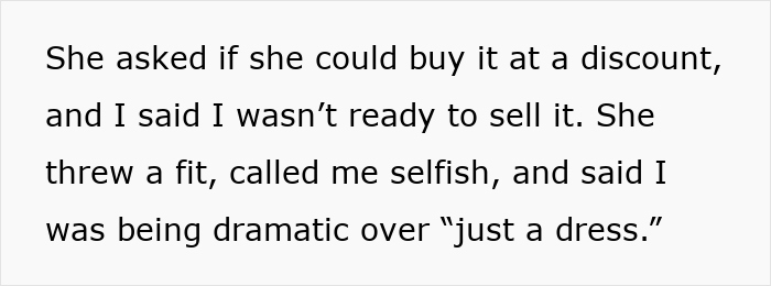 Text describing a sister drama over a wedding dress where one refuses to sell it and tensions rise.