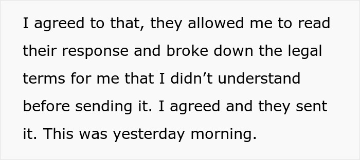 Text excerpt showing a man concerned about potential lawsuit and seeking legal advice on handling legal terms.