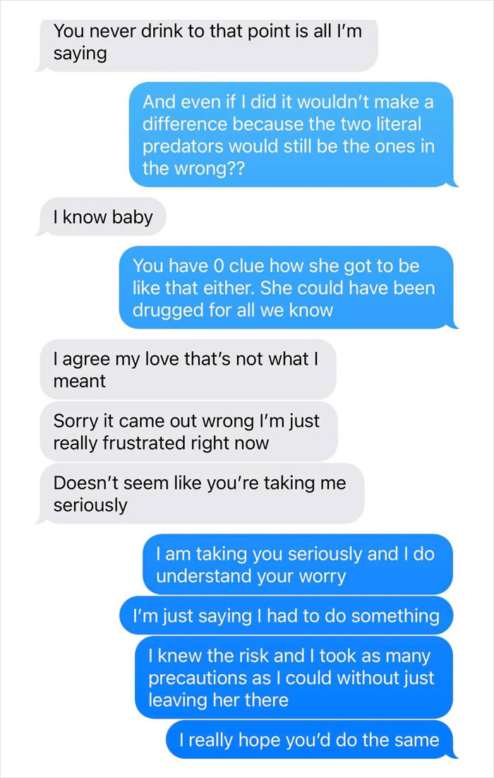 Text message conversation showing a guy and his girlfriend discussing two men trying to kidnap a drunk girl. Text message conversation showing a guy and his girlfriend discussing two men trying to kidnap a drunk girl.