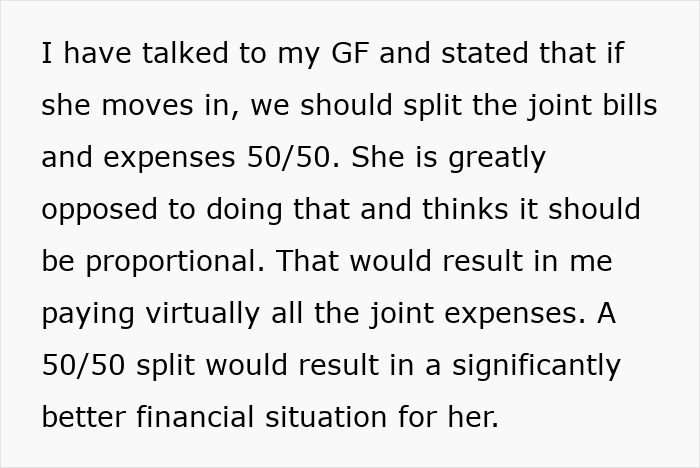 Text showing a boyfriend explaining his refusal to let his girlfriend move in unless they split bills 50/50. Text showing a boyfriend explaining his refusal to let his girlfriend move in unless they split bills 50/50.