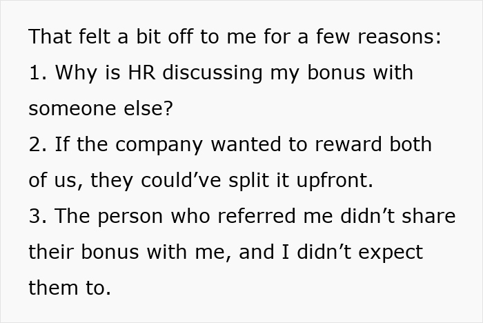 Text showing concerns about HR discussing a referral bonus and expectations around sharing the referral bonus from ex-colleague.
