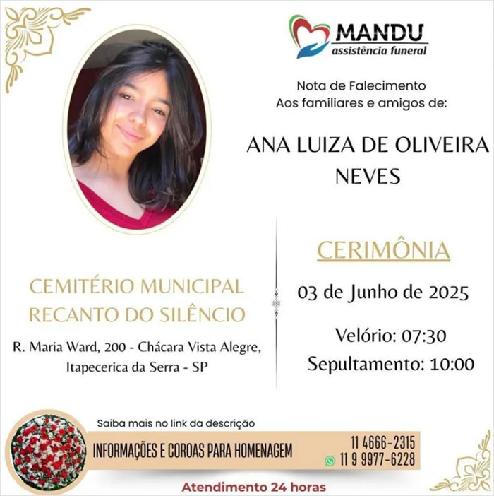 Obituary notice for teen who lost her life after eating cake gifted by supposed secret admirer.