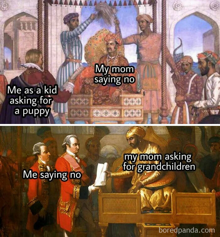Two classical art memes featuring historical figures humorously labeled about family requests and refusals for classical art lovers.