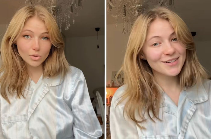 Young woman with blonde hair shown with filters versus without filters, highlighting natural appearance differences.