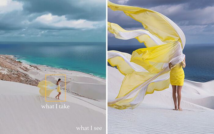 Side-by-side comparison showing how a photographer captures the perfect shot with flowing yellow fabric on a beach.