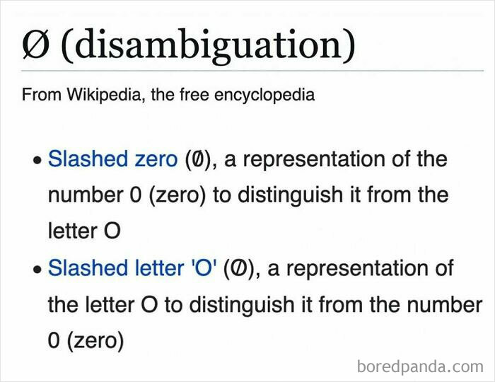 Excerpt from a Wikipedia article explaining the slashed zero and slashed letter O in funny Wikipedia snippets.