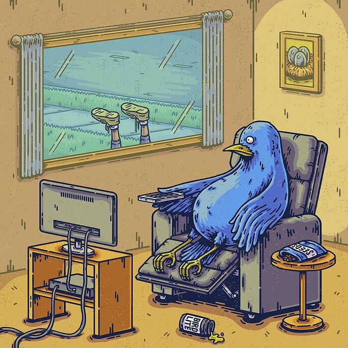 Surreal comic scene showing a blue bird lounging in a chair while a person&rsquo;s legs stick out of a window outside.