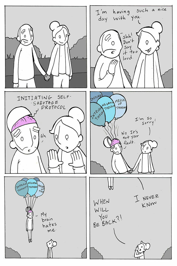 Lunarbaboon comic depicting kindness overcoming self-sabotage and negative thoughts through understanding and support.