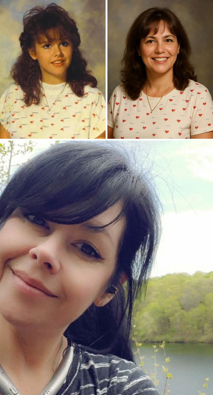 Side-by-side comparison of childhood and adult photos showing age progression prediction using ChatGPT tools.