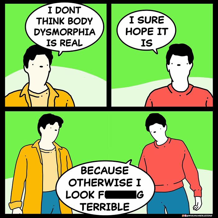 Dark and twisted comic by Miles Erickson showing two people discussing body dysmorphia in a brutally funny way.
