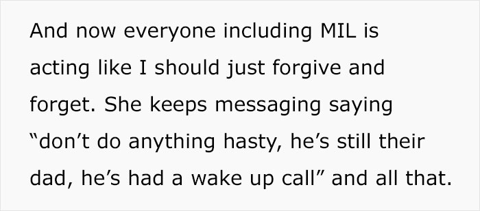 Text excerpt showing someone talking about others urging forgiveness after a man regrets leaving his wife following a hospital wake-up call.