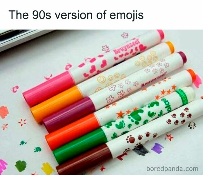 Colorful 90s era markers with emoji-like stamps, highlighting nostalgic 90s visuals for people between millennials and Gen Z.