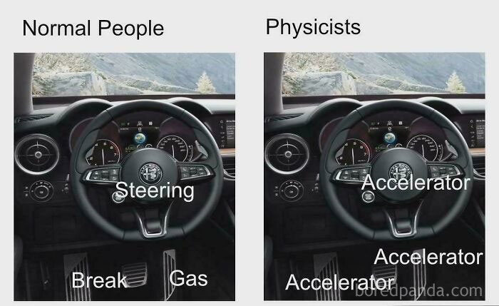 Car dashboard meme comparing normal people and physicists, highlighting confusion in explaining the joke with pedals labeled.