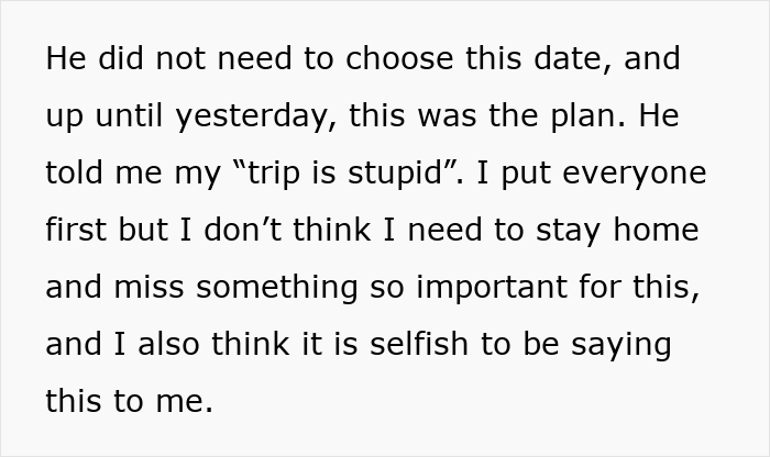 Text discussing a husband demanding his wife cancel plans over hair transplant surgery, calling her trip stupid.