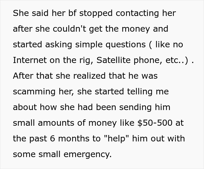 Text describing a woman warning coworker about a romance scam involving sending money over six months. Text describing a woman warning coworker about a romance scam involving sending money over six months.