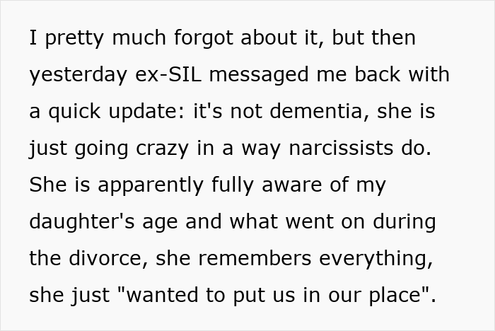 Text excerpt showing a woman accusing her daughter&rsquo;s ex-husband of forcing their child to get a tattoo during divorce disputes.