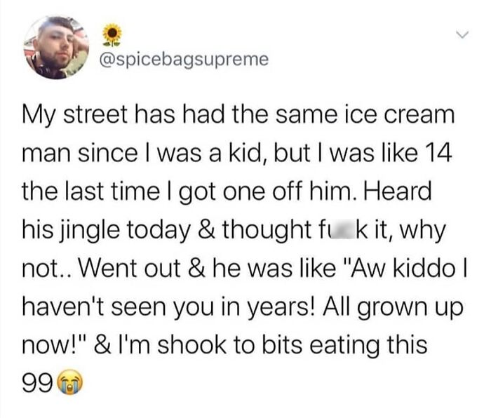 A nostalgic feel-good post about reconnecting with a childhood ice cream man, highlighting wholesome moments.