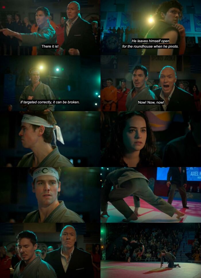 Scenes from a martial arts competition showing focused fighters and intense coaching with a crowd in the background.