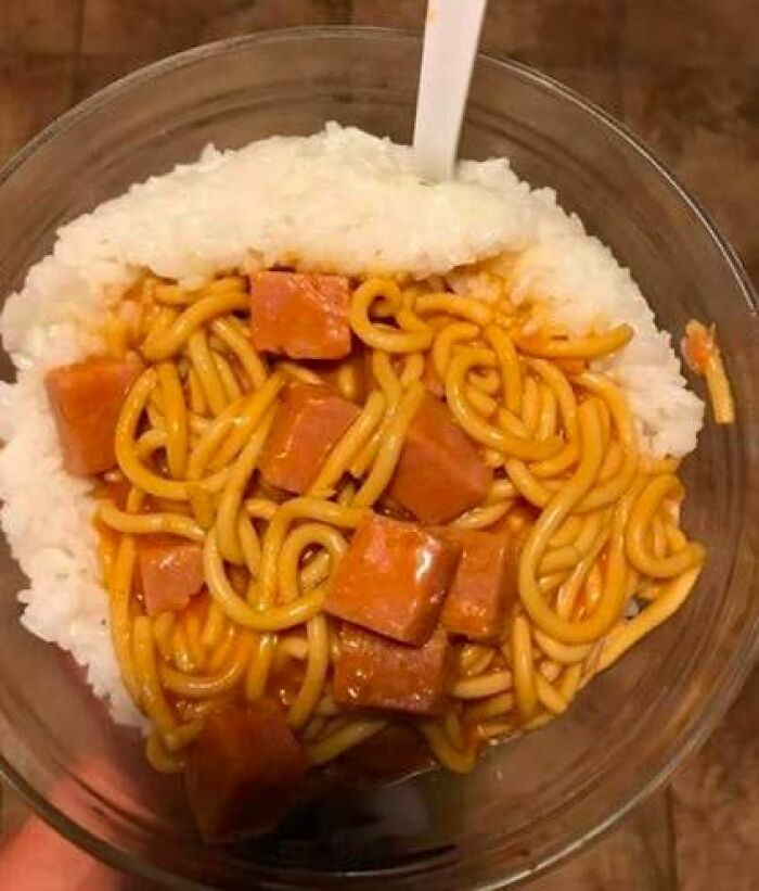 Cursed picture of food showing noodles and cubed meat soaked in sauce with rice in a clear bowl.