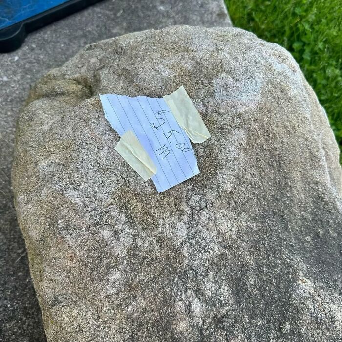 Large textured stone with a handwritten $5 price tag taped on, a cool secondhand find outdoors on pavement and grass.