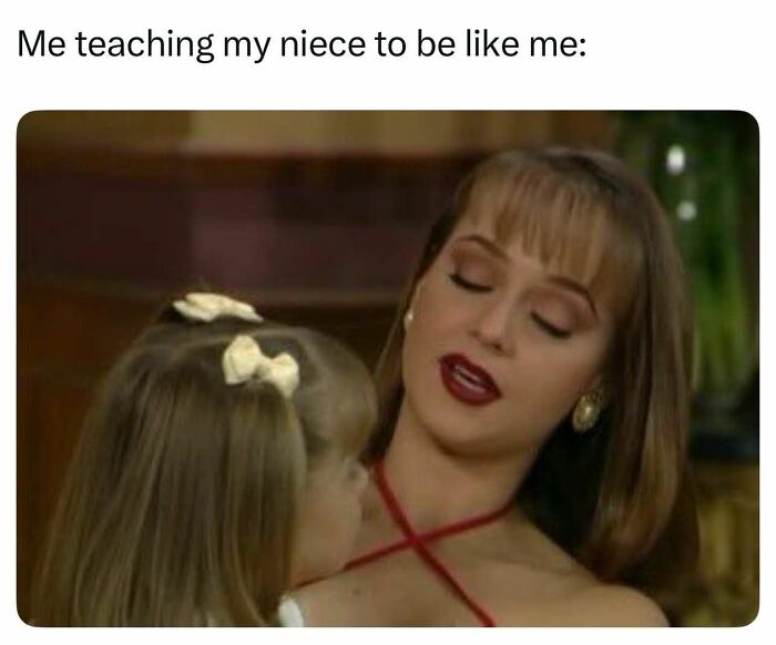Woman with red lipstick teaching young girl, a funny meme illustrating hilarious memes to help you decompress.