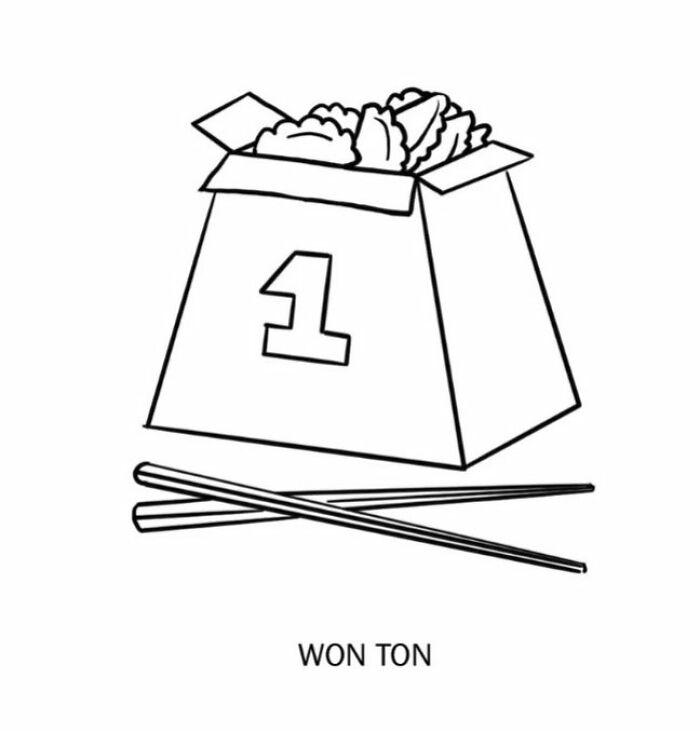 Clever drawing of a takeout box with the number one and dumplings, illustrating wordplay with won ton.