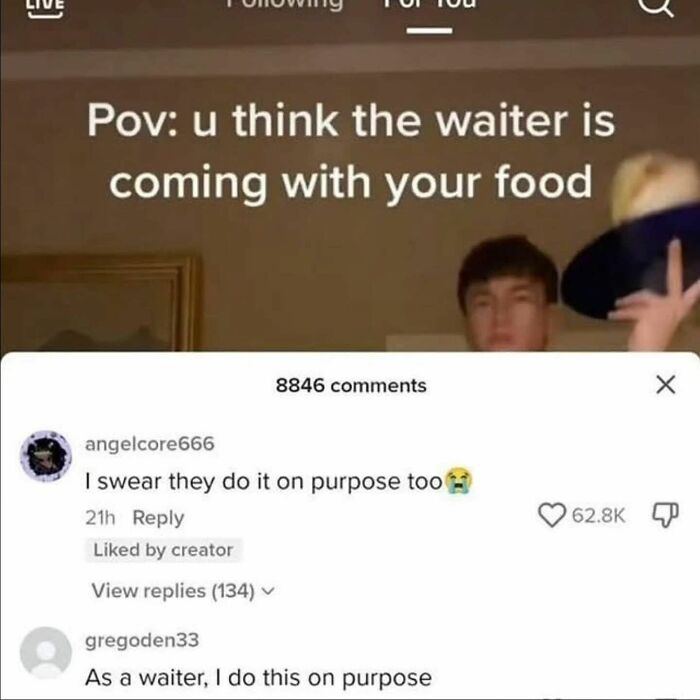 Meme showing a waiter holding a tray teasingly while text jokes about waiting for food delivery, funny memes to decompress.