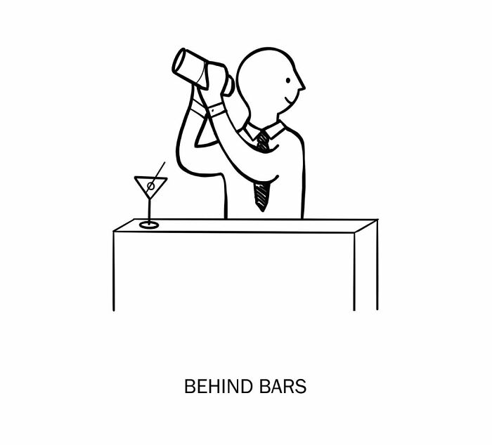 Minimalist clever drawing of a bartender shaking a cocktail behind a bar, illustrating wordplay in art.