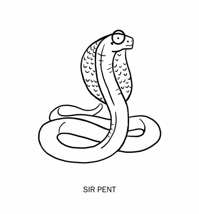 Clever drawing of a snake wearing glasses illustrating wordplay in creative and humorous style.