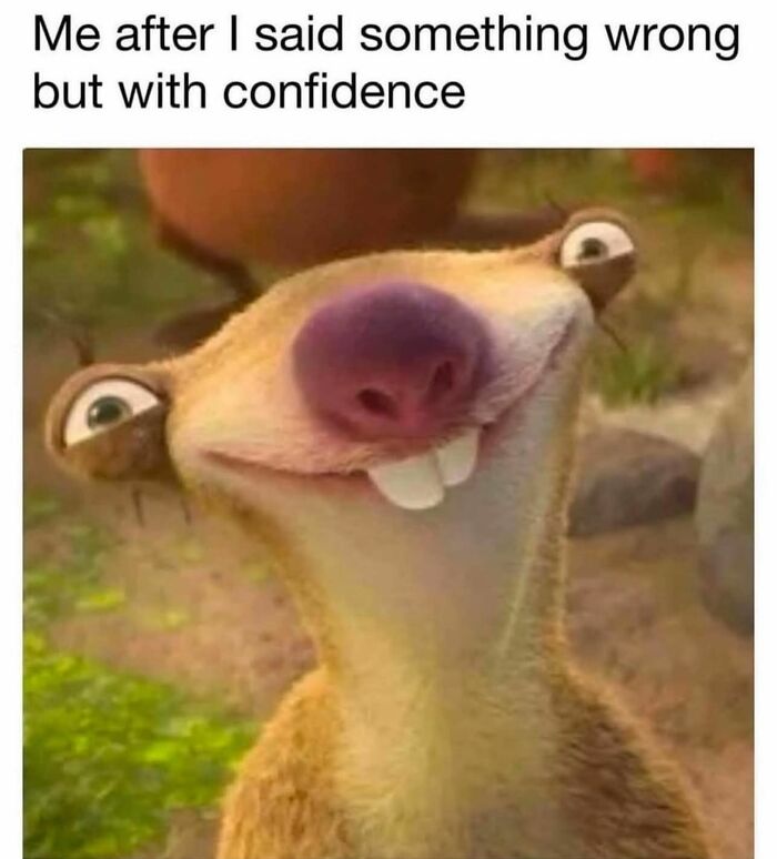 Animated character with a goofy confident smile after saying something wrong, a funny meme for decompressing from stress.