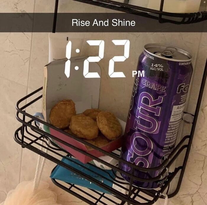 Can of grape flavored sour drink and chicken nuggets on a shower caddy with 1:22 PM time overlay meme.