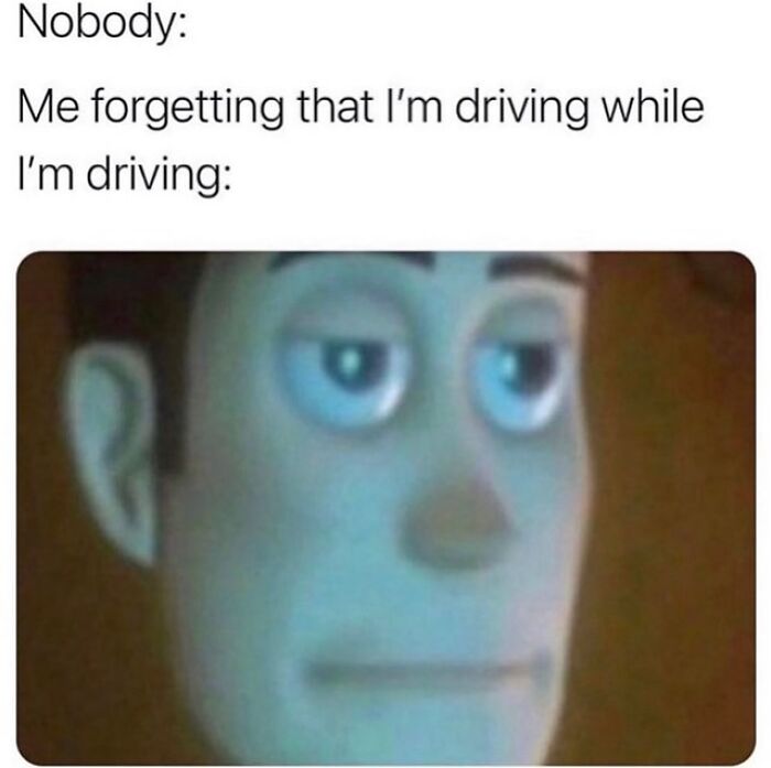 Meme showing a tired animated face with text about forgetting that one is driving, relatable funny meme content.