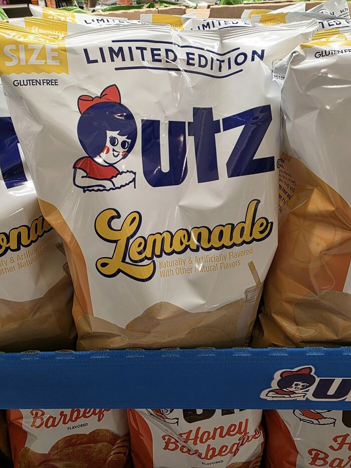 Bag of Utz lemonade flavored chips on a shelf, illustrating unusual and gross foods that may lose your appetite.